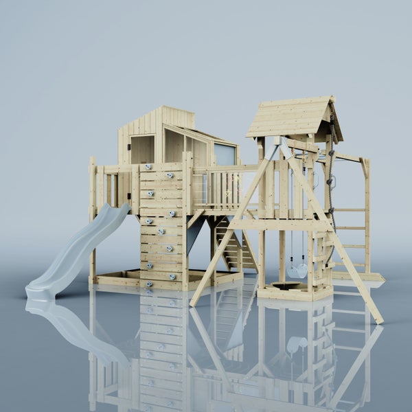 Holzspielplatz mit Rutsche, Schaukeln und Kletterwand