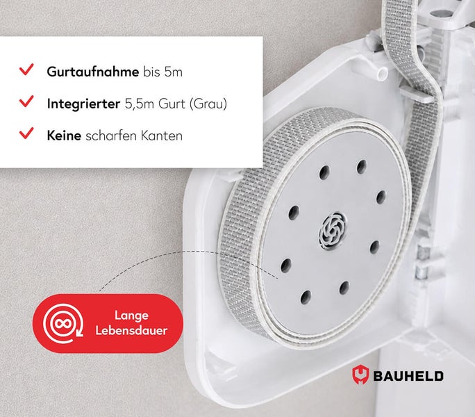 Bauheld Gurtwickler mit integriertem Gurtband für Rollladen, Gurtaufnahme bis 5 Meter, langlebige Konstruktion ohne scharfe Kanten.