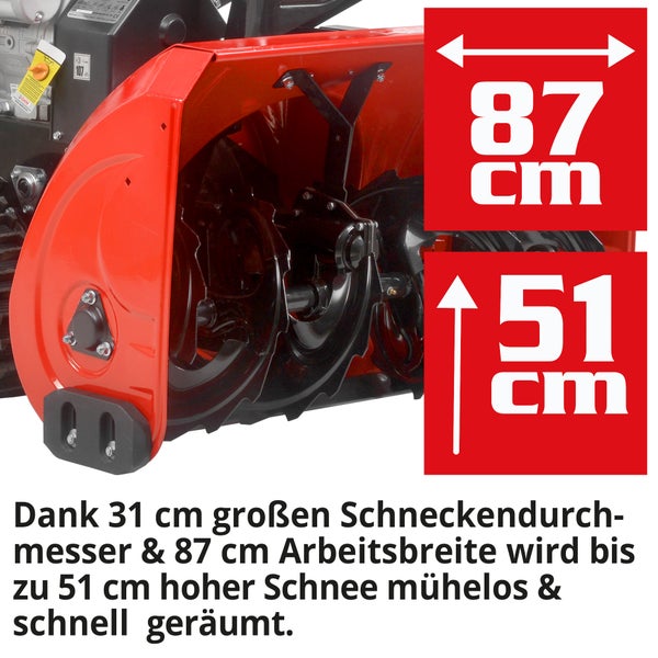 Detailansicht einer Schneefräse mit den Maßen 87 Zentimeter Arbeitsbreite und 51 Zentimeter Räumhöhe.
