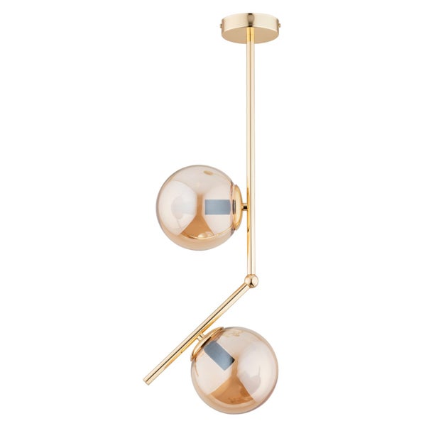 Moderne Deckenleuchte mit zwei kugelförmigen Glasschirmen und metallischem Gestell für eine elegante Raumbeleuchtung.