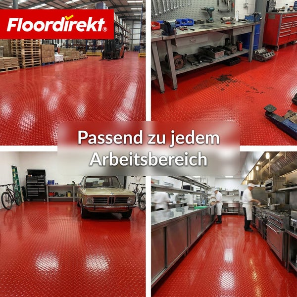 Anwendungsbeispiele der roten Bodenfliesen von Floordirekt in einer Lagerhalle, Werkstatt, Garage und Großküche.