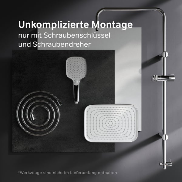 Duschsystem mit Kopfbrause, Handbrause und Brauseschlauch für eine einfache Montage mit Schraubenschlüssel und Schraubendreher.