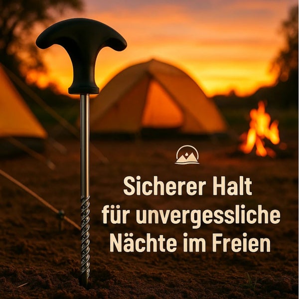 Zeltanker im Boden bei Sonnenuntergang für sicheren Halt beim Camping