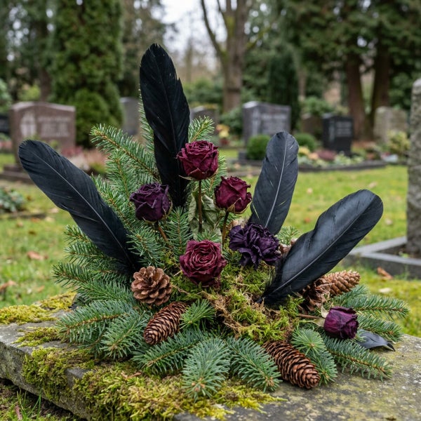 Grabgesteck mit Rosen, Tannenzweigen, Zapfen und Federn als dekorativer Grabschmuck auf einem Friedhof.