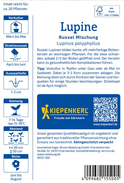 Rückseite der Saatgutpackung für Lupinen Russel Mischung von Kiepenkerl mit Aussaat- und Pflegehinweisen sowie FSC Zertifikat.
