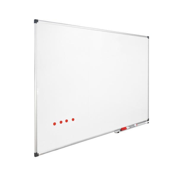 Magnetisches Whiteboard mit Aluminiumrahmen, Ablageschale, rotem Marker und vier runden Magneten.