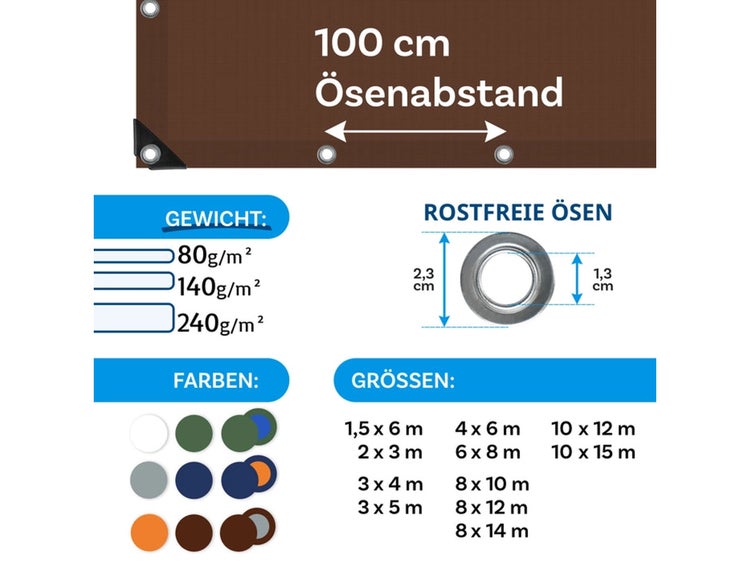 FLOORDIREKT Abdeckplane - Wasserdichte Plane - mit Ösen - Schutzplane - 140 g/m² - 3 x 5 m - Braun