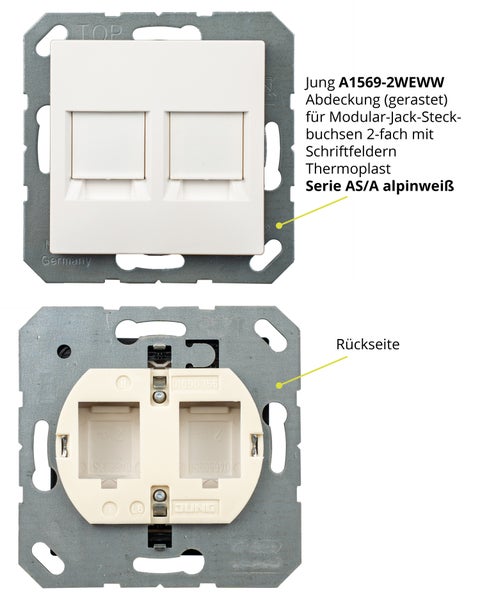 Keystone RJ45 Cat. 6A Modul inkl. Jung Keystone Abdeckung 2fach A1569-2WEWW & 1fach Rahmen AS581WW alpinweis, Netzwerkdose