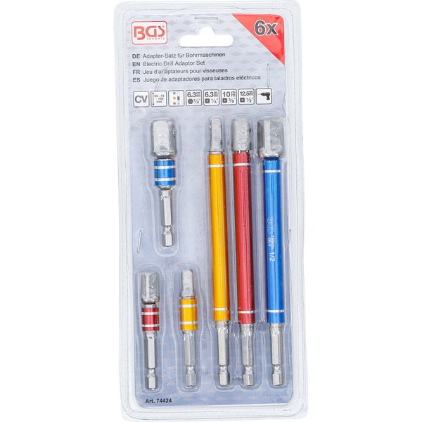 BGS Adapter-Satz für Bohrmaschinen farbig Antrieb Außensechskant 6,3 mm (1/4) Abtrieb Außenvierkant 6,3 mm (1/4) / 10 mm (3/8) / 12,5 mm (1/2) 75 - 150 mm 6tlg. - 74424