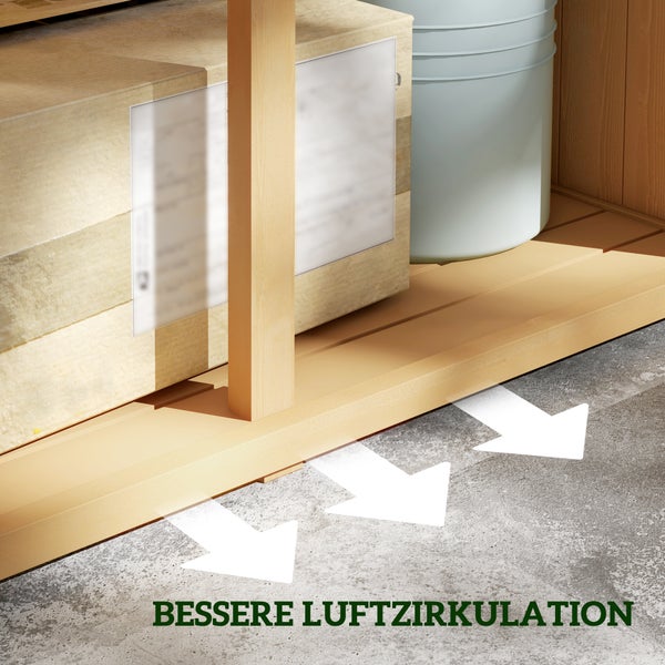 Detailansicht eines Bodenrahmens aus Holz mit Pfeilen zur Darstellung einer besseren Luftzirkulation.