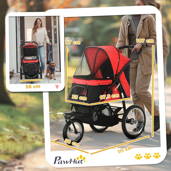 PawHut Hundewagen Hundebuggy klappbar für Hunde & Katzen bis 20 kg Katzenbuggy mit geländegängige Gummiräder Kissen Netzfenstern Türen Katzenwagen mit Aufbewahrungskorb Buggy Rot