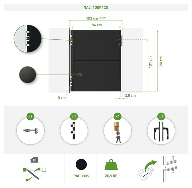 Pack Flügeltor 3,5m NALI H.120cm + Tor H.120cm mattschwarz