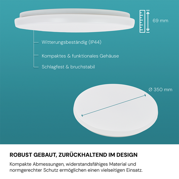 LUXULA LED-Deckenleuchte Weiß Runde Deckenlampe 24W 3000K Warmweiß IP44 Badezimmerlampe