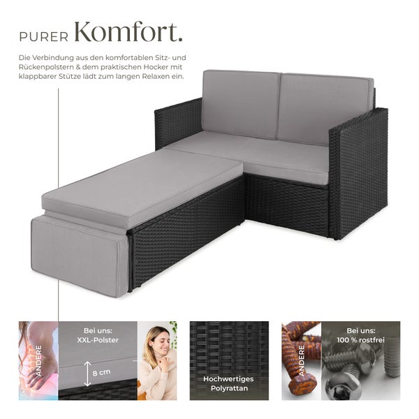 Rattan Lounge tectake Korfu Hocker mit klappbarer Stütze 2-Sitzer schwarz/grau