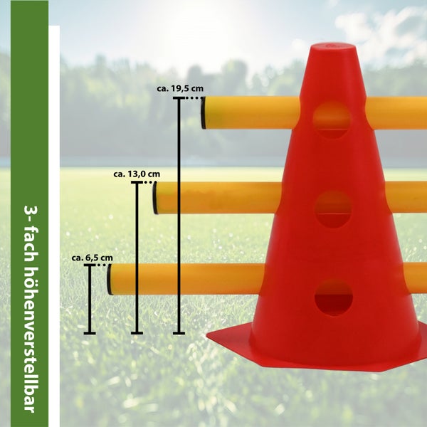 Markierungskegel mit drei verstellbaren Stangenhoehen von circa sechs komma funf bis neunzehn komma funf Zentimetern fuer das Sporttraining