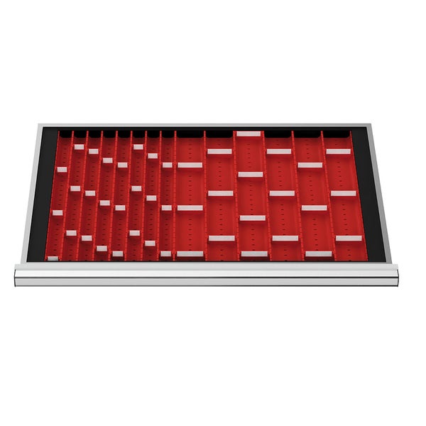 Schubladeneinteiler Set mit roten Längsmulden und weißen Trennstegen zur Organisation von Werkstattwagen.