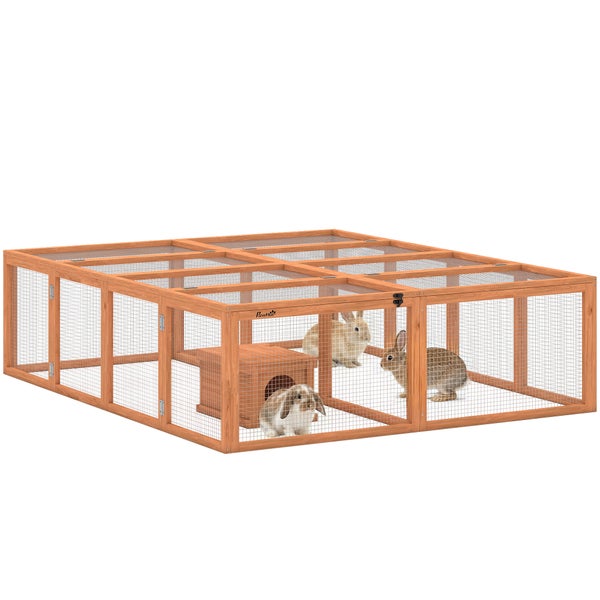 Großes rechteckiges Freilaufgehege aus braunem Holz mit Metalldraht, einem kleinen Holzhäuschen und drei Kaninchen.