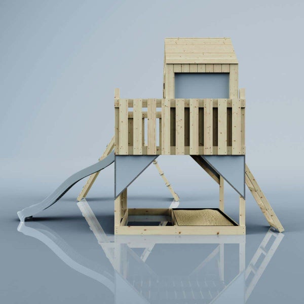 Spielturm aus Holz mit Rutsche, Leiter und integriertem Sandkasten.