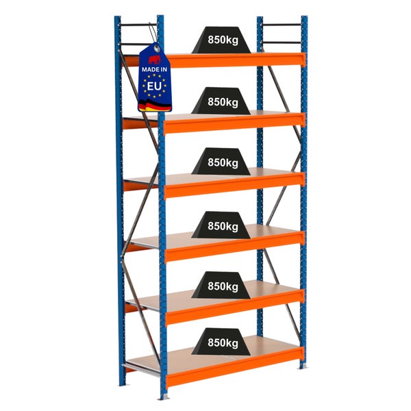 Regal mit sechs Fächern und einer Traglast von 850 Kilogramm pro Fach, hergestellt in der Europäischen Union