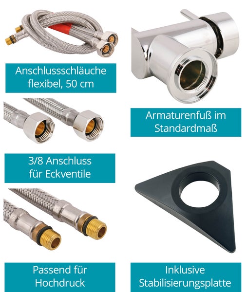 Flexible Anschlussschläuche 50 Zentimeter, Armaturenfuß, 3/8 Zoll Anschluss für Eckventile und Stabilisierungsplatte für Hochdruck.