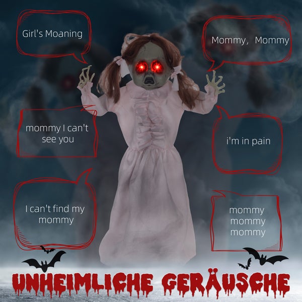 HOMCOM 76cm Halloween Dekoration Geisterpuppe mit LED-Lichter, Soundfunktion, Haustür Deko mit verstellbare Arme, Garten Dekofigur in Lebensgröße für Party