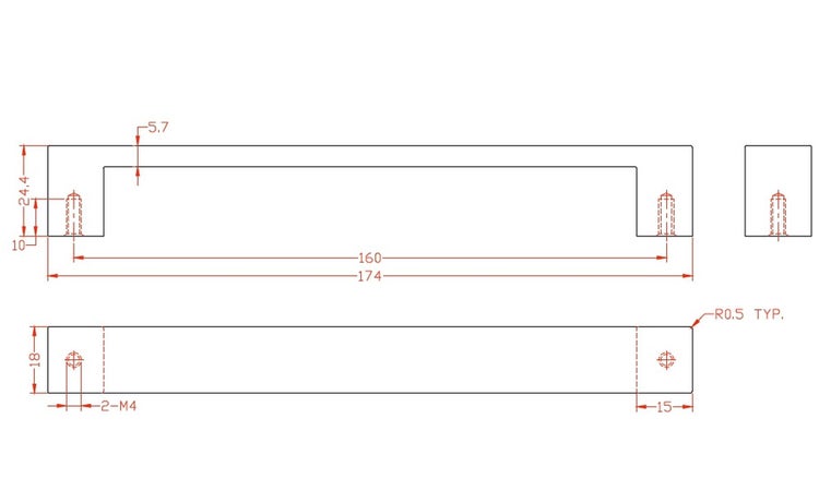 Technische Zeichnung eines Möbelgriffs mit Maßangaben