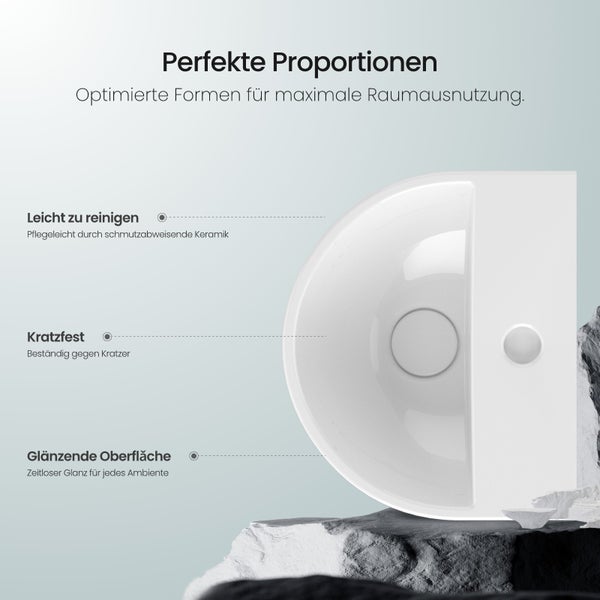 EMKE U-förmiges Handwaschbecken 303 x 255 mm, Keramik, Glänzend Weiß, Wandwaschbecken, mit Wasserhahnbohrung, für Badezimmer und Gäste-WC, Höhe: 12 cm