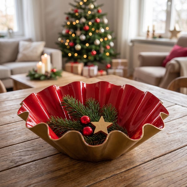 Dekorative Schale in Wellenform gefüllt mit Tannenzweigen, kleinen Kugeln und einem Stern als weihnachtliche Tischdekoration auf einem Holztisch.