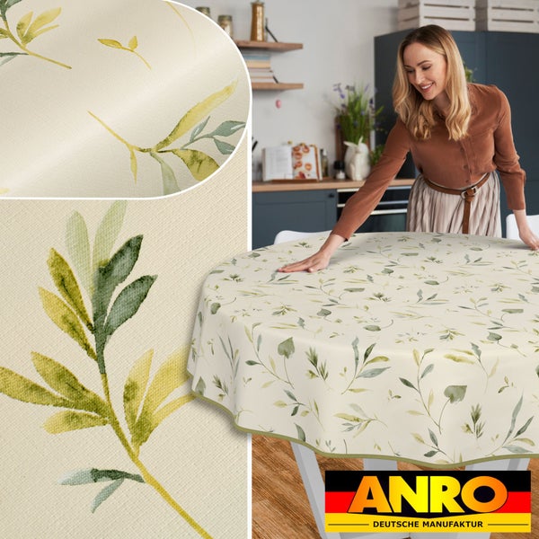 Runder Wachstuch-Tischbelag mit Blättermuster und ANRO Deutsche Manufaktur Logo