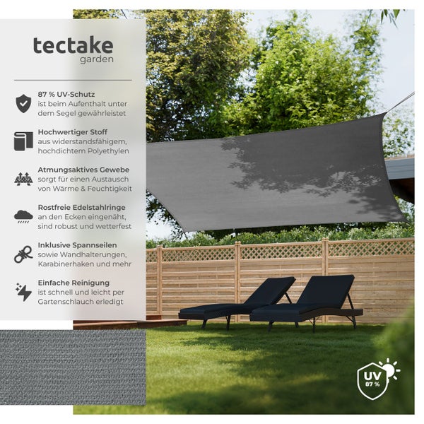 Graues Sonnensegel von Tectake Garden über zwei schwarzen Liegestühlen im Garten