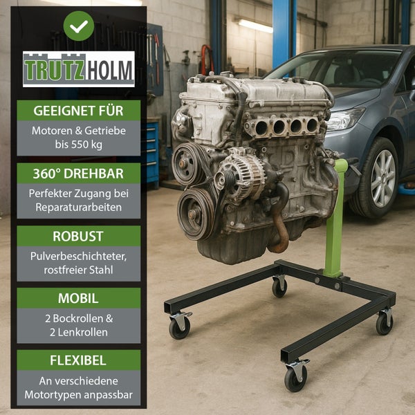 Motor und Getriebe auf einem Motorständer von TrutzHolm in einer Werkstatt.
