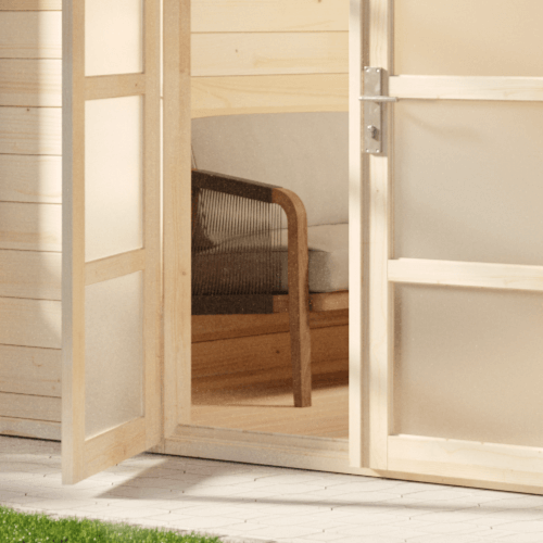 Alpholz Gartenhaus Modern-E Gartenhaus aus Holz in Pinie, Holzhaus mit 44 mm Wandstärke, Blockbohlenhaus mit Montagematerial imprägniert 4,7x3,2m