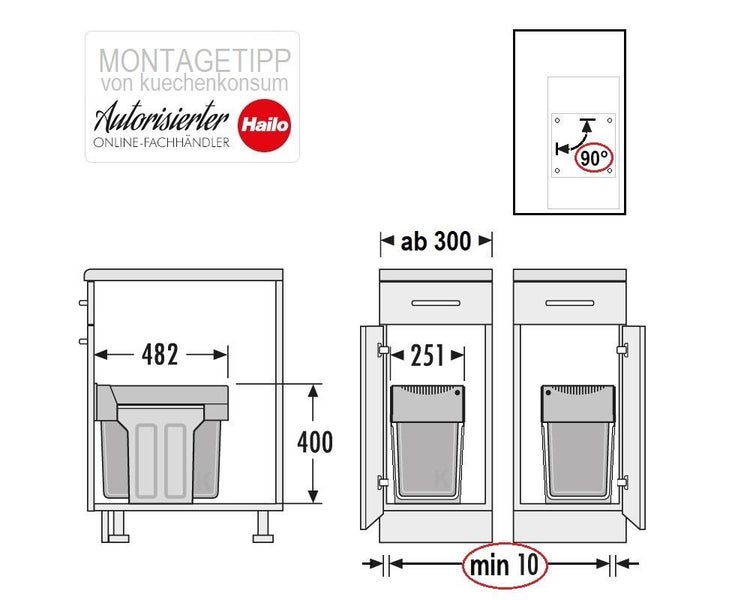 Technische Zeichnung für Einbaumülleimer: Breite ab 300 Millimeter, Tiefe 482 Millimeter, Höhe 400 Millimeter, 90 Grad Türöffnung. Hailo Logo.
