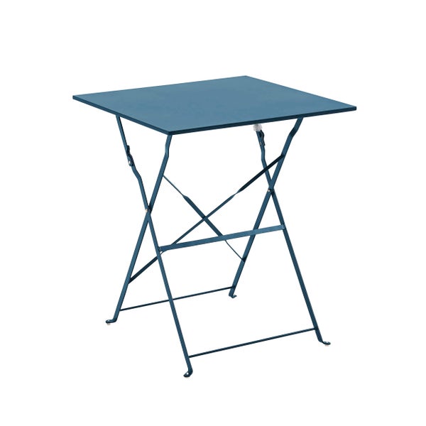 Quadratischer, klappbarer Gartentisch aus Metall in Petrol, Bistro-Stil.
