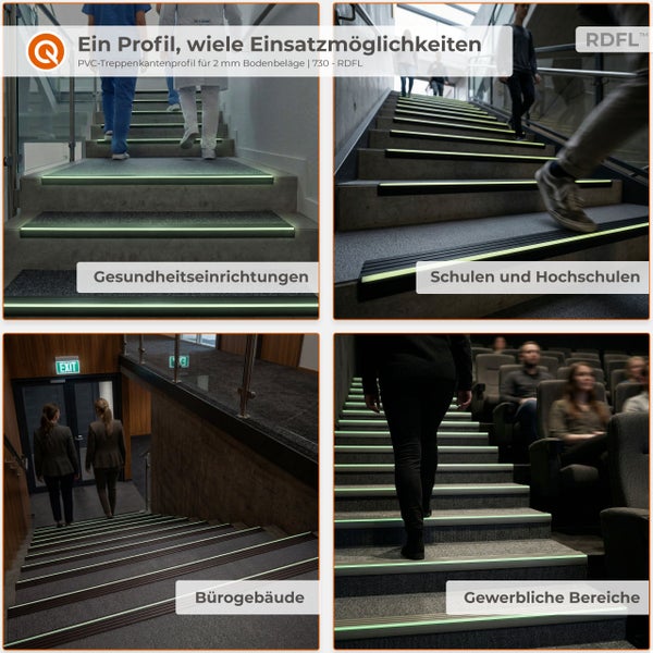 PVC-Treppenkantenprofil mit nachleuchtendem Streifen in Gesundheitseinrichtungen, Schulen und Büros. Q Logo und RDFL Logo.