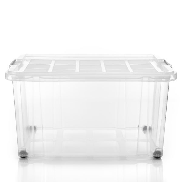 BigDean 3 Stück 60 L Aufbewahrungsbox mit Deckel groß transparent - stapelbare robuste Box BPA-frei - rollbare Stapelbox mit festen Klickverschlüssen - Made in Germany