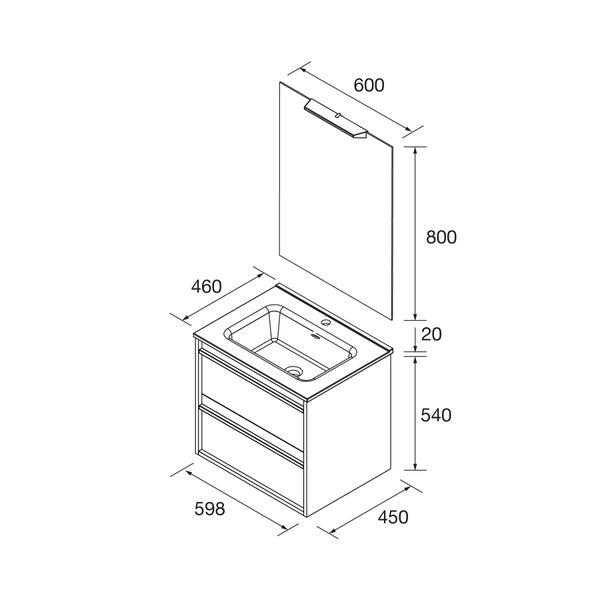 Technische Zeichnung eines Badmöbel-Sets mit Waschbecken, Unterschrank und Spiegel inklusive Maßangaben in Millimeter.