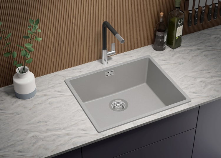 PRIMAGRAN Spülbecken Grau 56x47cm, Granitspüle 1 Becken + Ablauf-Set, Küchenspüle ab 60er Unterschrank - London Slim