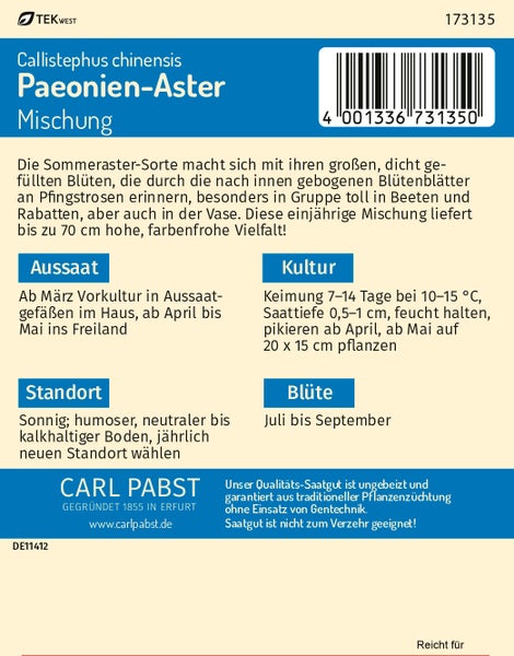 Rückseite der Saatgutpackung für Paeonien-Aster Mischung von Carl Pabst mit Informationen zu Aussaat, Kultur, Standort und Blütezeit.