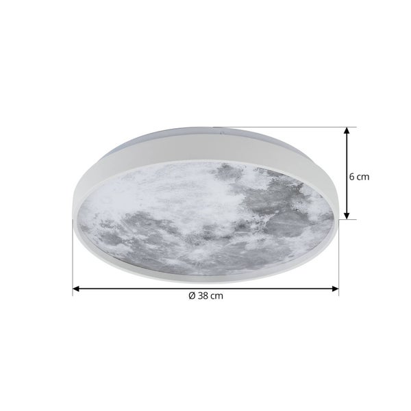 Runde Deckenleuchte mit Mond-Design, Durchmesser 38 Zentimeter, Höhe 6 Zentimeter.