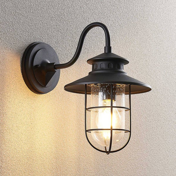 Lindby Wandleuchte außen (Laterne) Kyan (spritzwassergeschützt (Retro, Vintage Antik) in Schwarz (1 flammig E27) - Außenwandleuchten Wandlampe Led Außenlampe Outdoor für