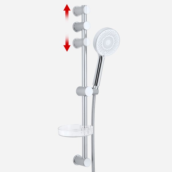 Duschset bestehend aus einer Brausestange mit flexibel verstellbarer Wandhalterung, Handbrause, Schlauch und Seifenschale.
