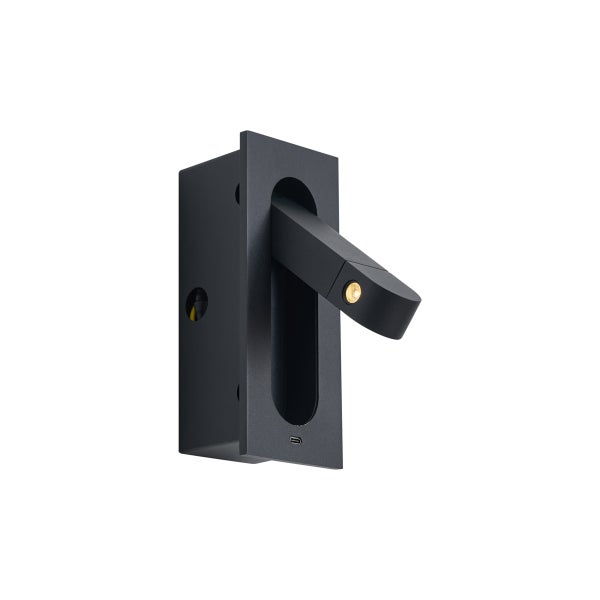 Schwarze LED Wandleseleuchte zum Einbauen mit schwenkbarem Arm und USB-C Anschluss.