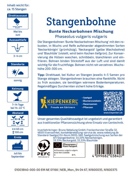 Saatgut für Bunte Stangenbohnen Mischung von Kiepenkerl mit Anbauhinweisen auf der Rückseite der Samentüte.