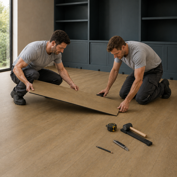 Zwei Handwerker verlegen einen Holzboden in einem modernen Raum mit Einbauregalen, begleitet von Bodenverlegewerkzeug am Boden.