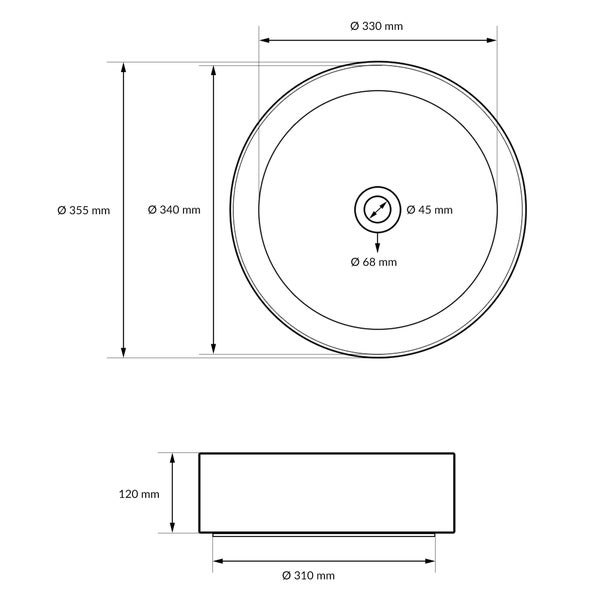 ECD Germany Design Waschbecken Waschtisch Ø 355 x 120 mm inkl. Ablaufgarnitur für Waschbecken ohne Überlauf Keramik Rund Weiß Aufsatzbecken Aufsatzwaschbecken Waschschale Aufsatzwaschtisch Spülbecken