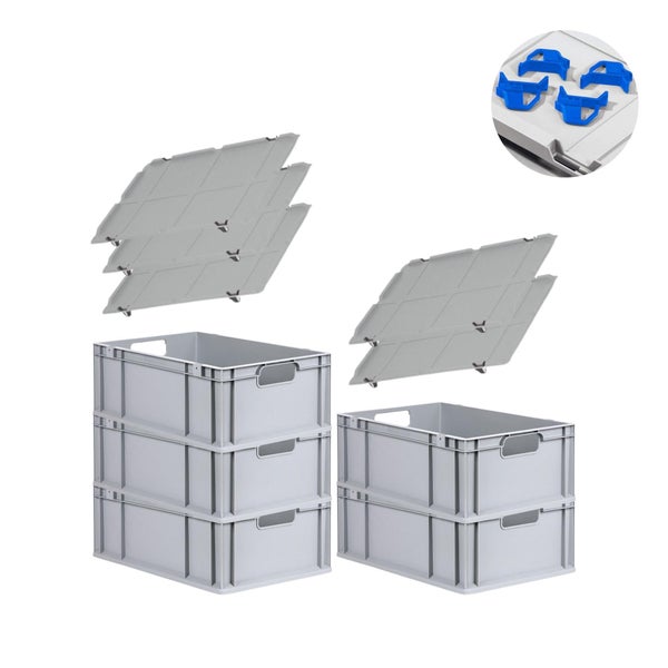 PROREGAL Spar Set 5x Eurobox Nextgen Economy Mit Auflagedeckel & 4x Schiebeschnappverschlüsse Blau Griffe Offen HxBxT 22 x 40 x 60 cm 44 Liter