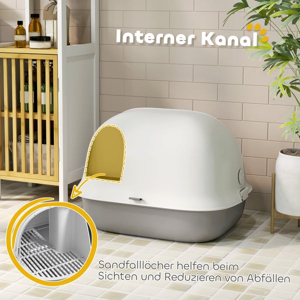 PawHut Katzentoilette mit Deckel, Katzenklo mit Sieb, Tür, Schaufel, geschlossen Katze Toilettenhaus für kleine Katze unter 3,5 kg, Indoor, Kunststoff, Hellgrau