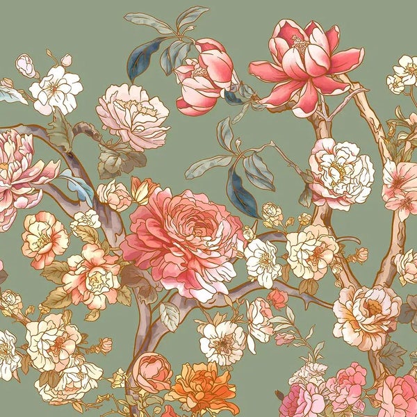 Fototapete mit floralem Blumenmuster, 5-teilig, Maße 375 mal 270 Zentimeter, einzelne Bahnen je 75 Zentimeter breit.