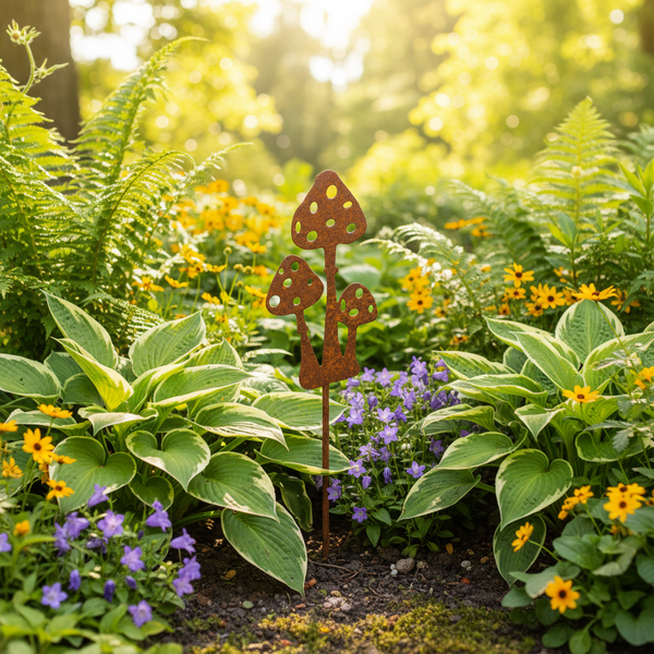 Gartenstecker aus Metall in Pilzform mit Rostoptik, dekorativ platziert in einem bepflanzten Gartenbeet mit Farnen und Funkien.